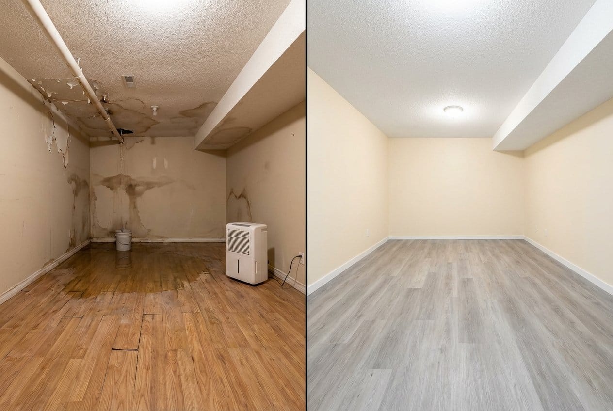 Water Damage Restoration before and after in residential basement, Fair Lawn NJ