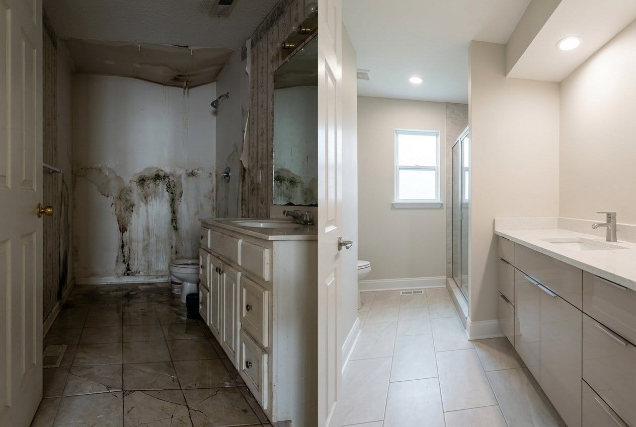Before and after water damage restoration in Fair Lawn split-level home bathroom