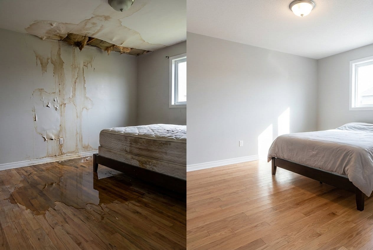 Before and after emergency water removal in Fair Lawn two-story residence bedroom