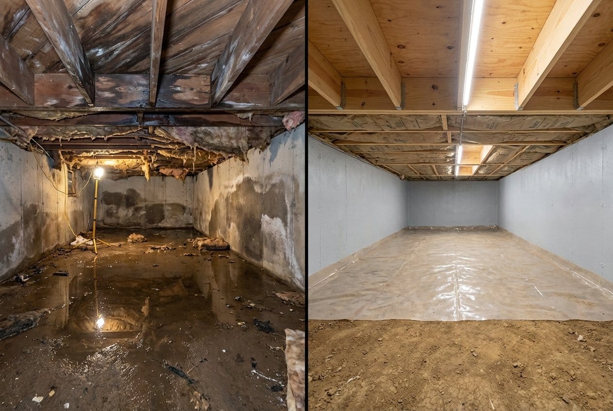 Basement Flood Cleanup restoration — crawl space of multi-family property in Fair Lawn, NJ