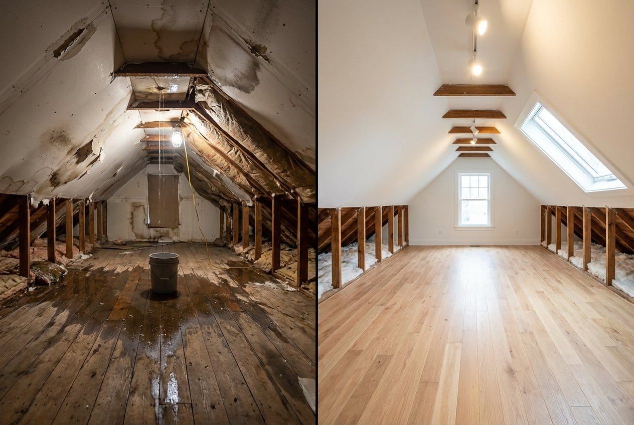 Before and after basement flood cleanup in Fair Lawn commercial property attic space