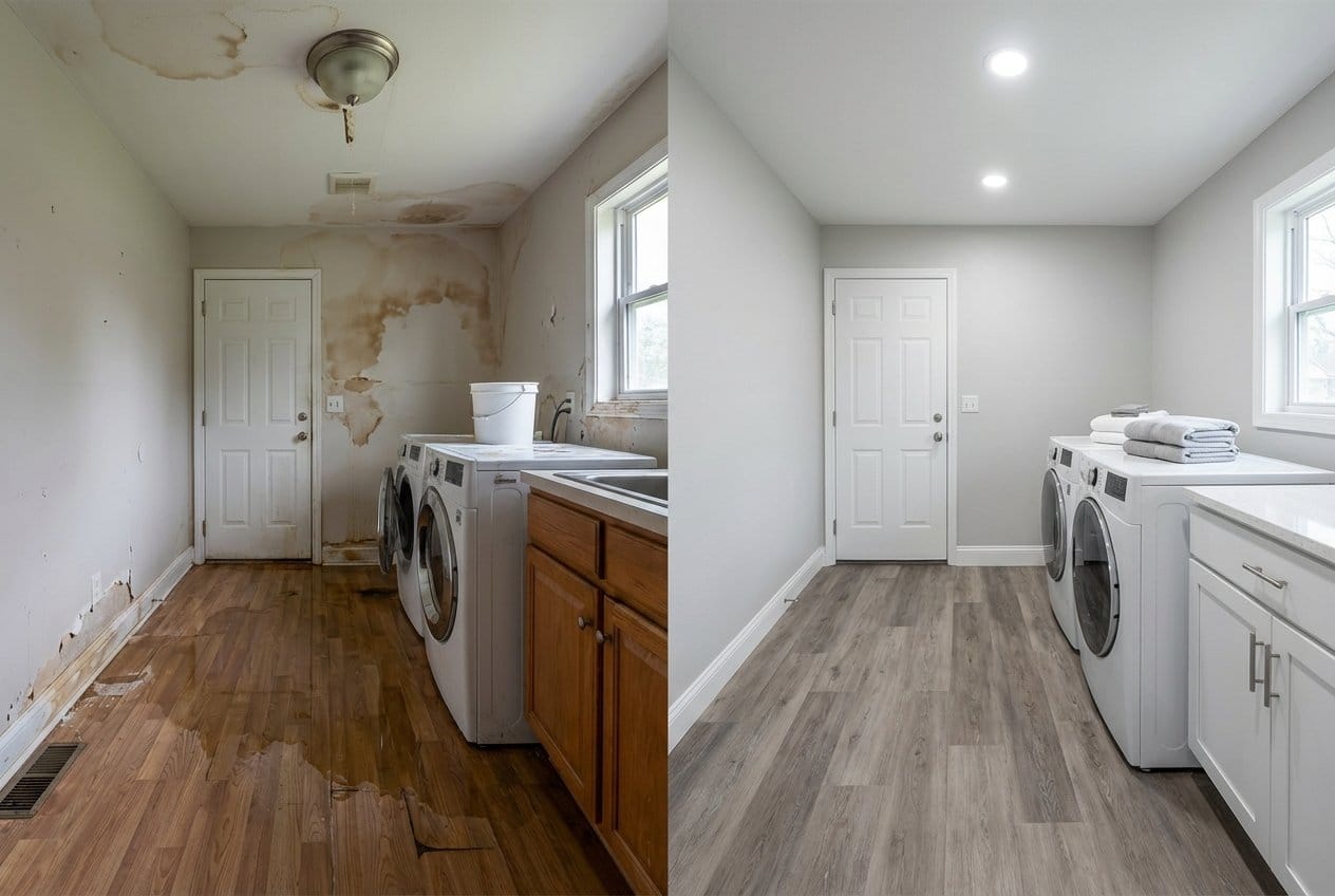 Burst Pipe & Plumbing Leak Damage restoration — laundry room of contemporary home in Fair Lawn, NJ