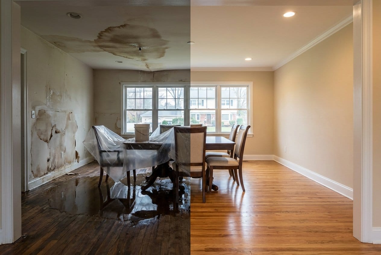 Before and after burst pipe & plumbing leak damage in Fair Lawn bungalow dining room
