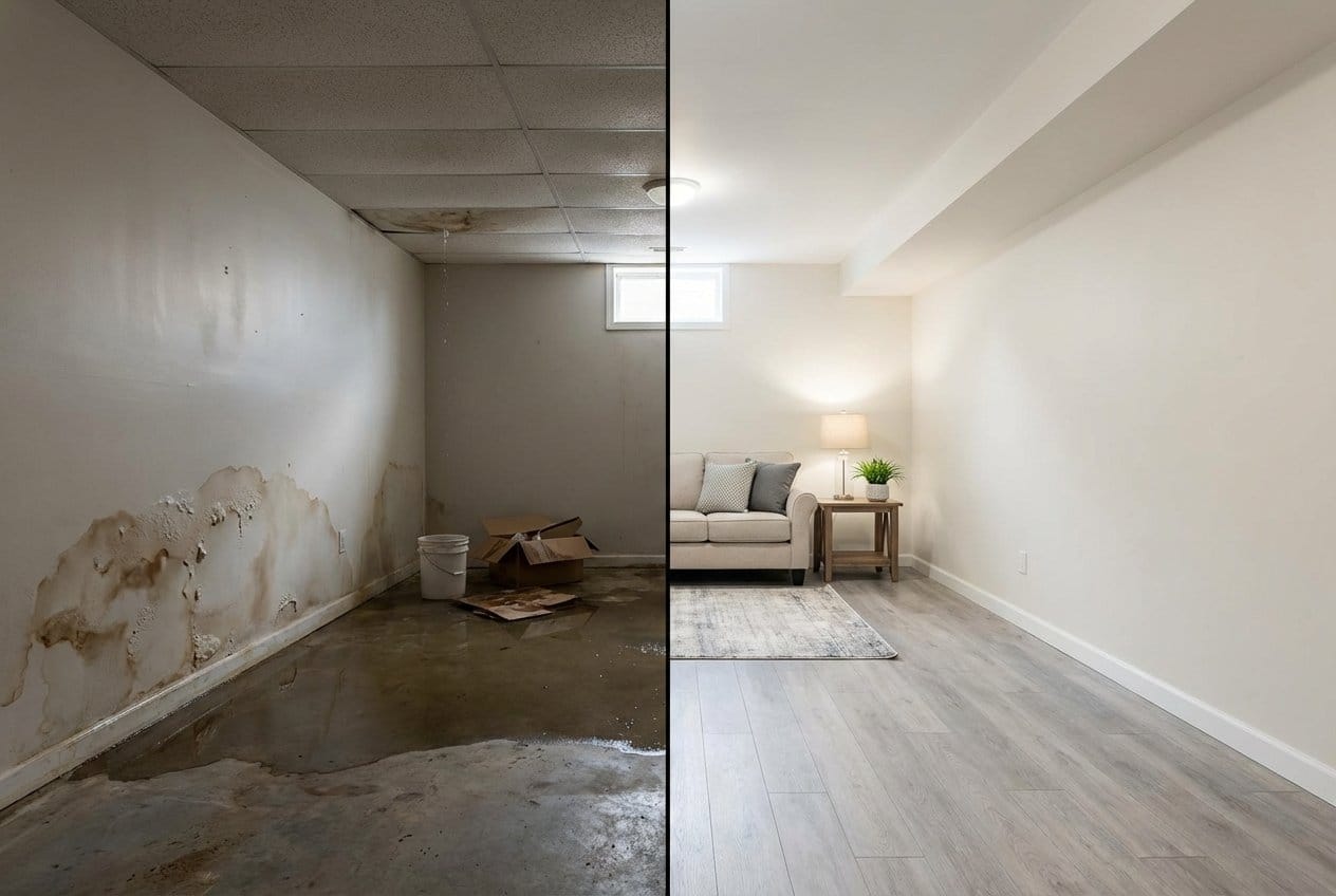 Storm & Roof Leak Water Damage before and after in finished basement, Fair Lawn NJ