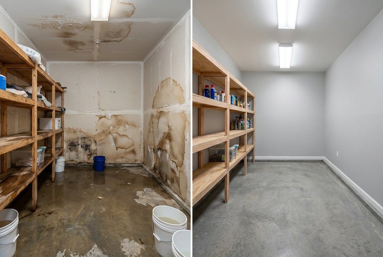 Storm & Roof Leak Water Damage restoration — utility room of split-level home in Fair Lawn, NJ