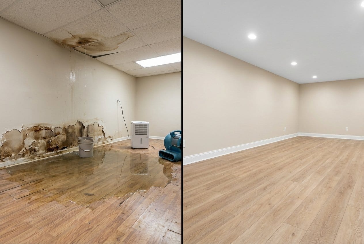 Sewage Backup Cleanup before and after in residential basement, Fair Lawn NJ