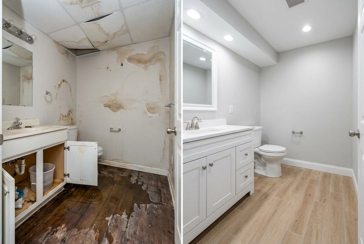 Before and after sewage backup cleanup in Fair Lawn private residence bathroom
