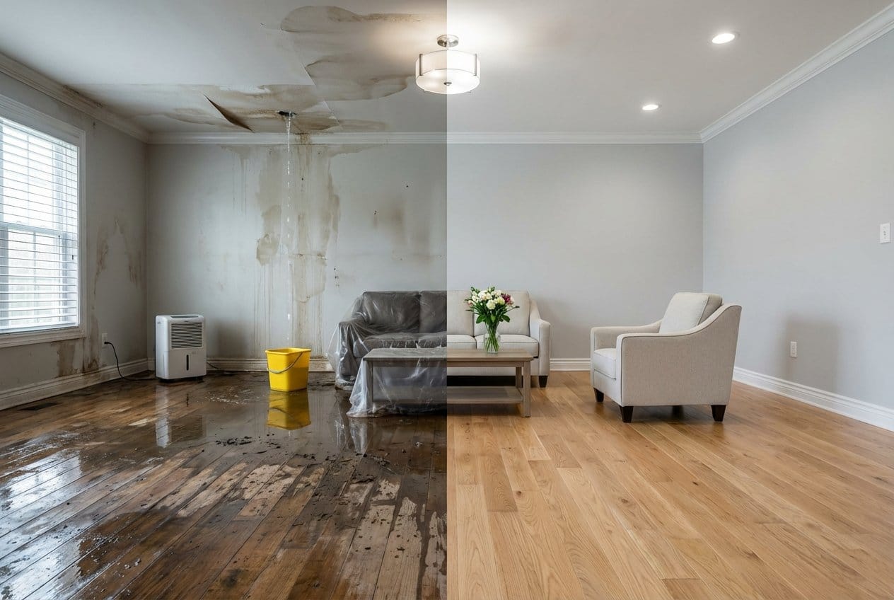 Structural Drying & Dehumidification before and after in living room, Fair Lawn NJ