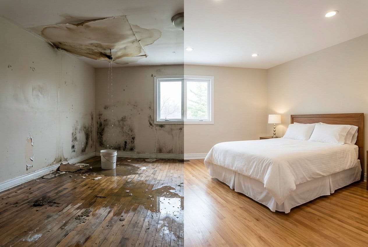 Before and after structural drying & dehumidification in Fair Lawn bi-level home bedroom