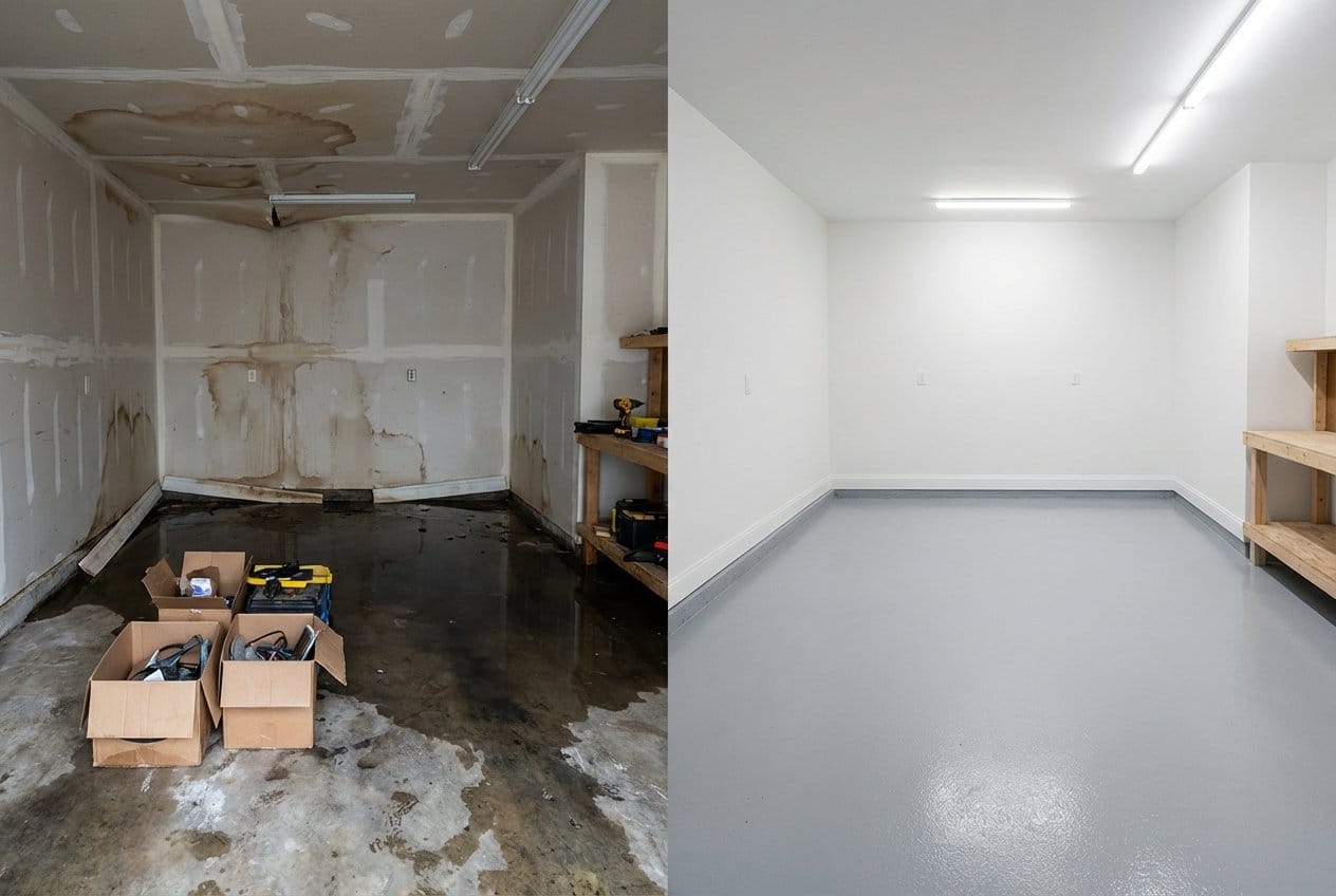 Carpet & Flooring Water Damage Cleanup before and after in garage, Fair Lawn NJ