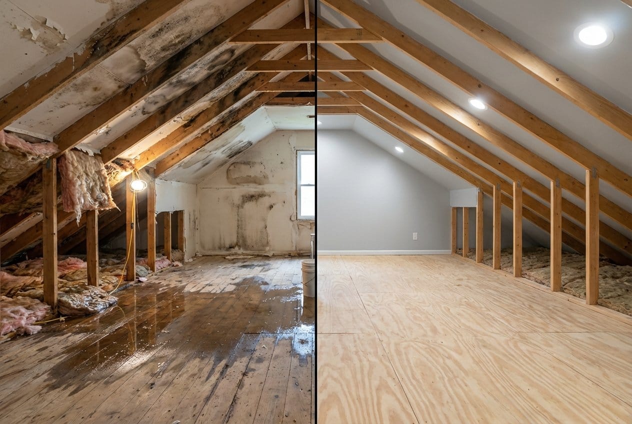 Before and after carpet & flooring water damage cleanup in Fair Lawn single-family home attic space
