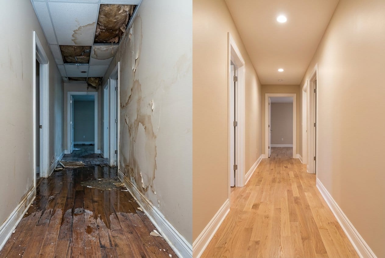 Wall & Ceiling Dry-Out before and after in hallway, Fair Lawn NJ