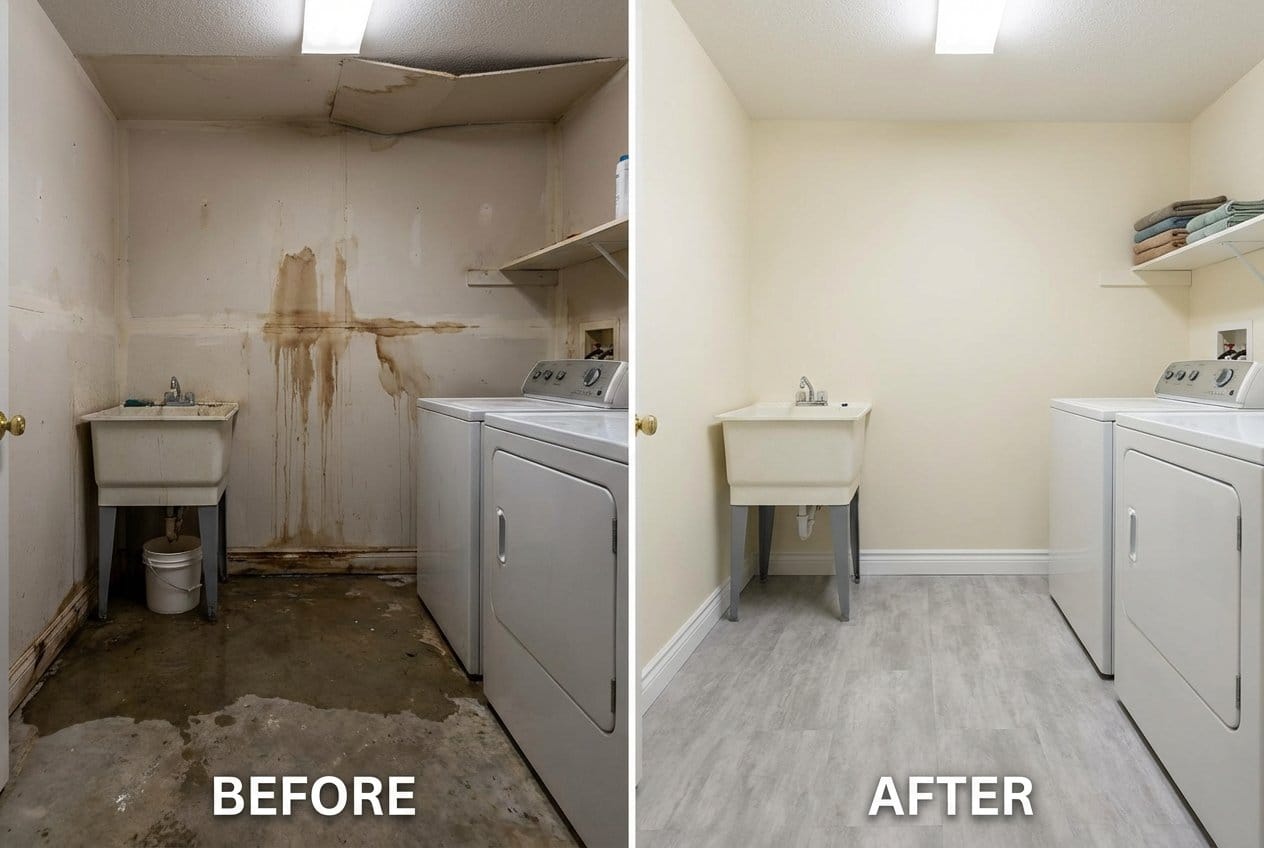 Wall & Ceiling Dry-Out restoration — laundry room of Cape Cod house in Fair Lawn, NJ