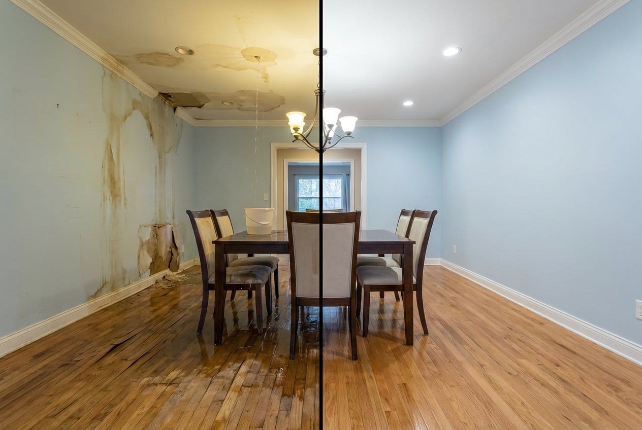 Before and after wall & ceiling dry-out in Fair Lawn ranch-style home dining room