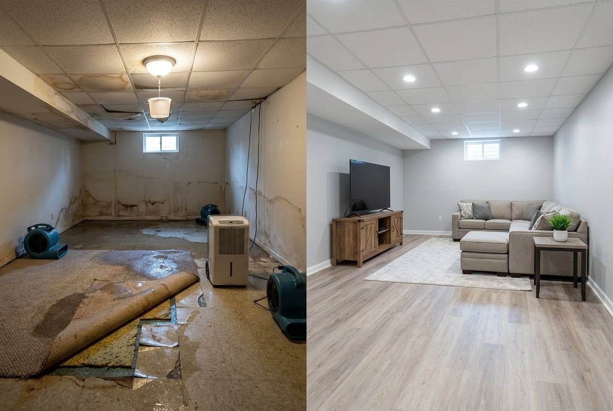 Content Drying & Property Cleanup before and after in finished basement, Fair Lawn NJ