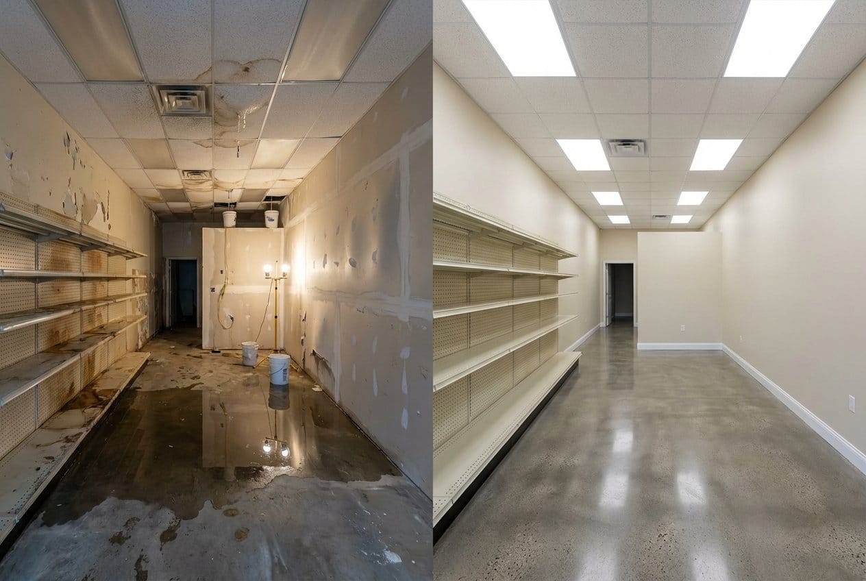 Before and after content drying & property cleanup in Fair Lawn townhouse storefront interior
