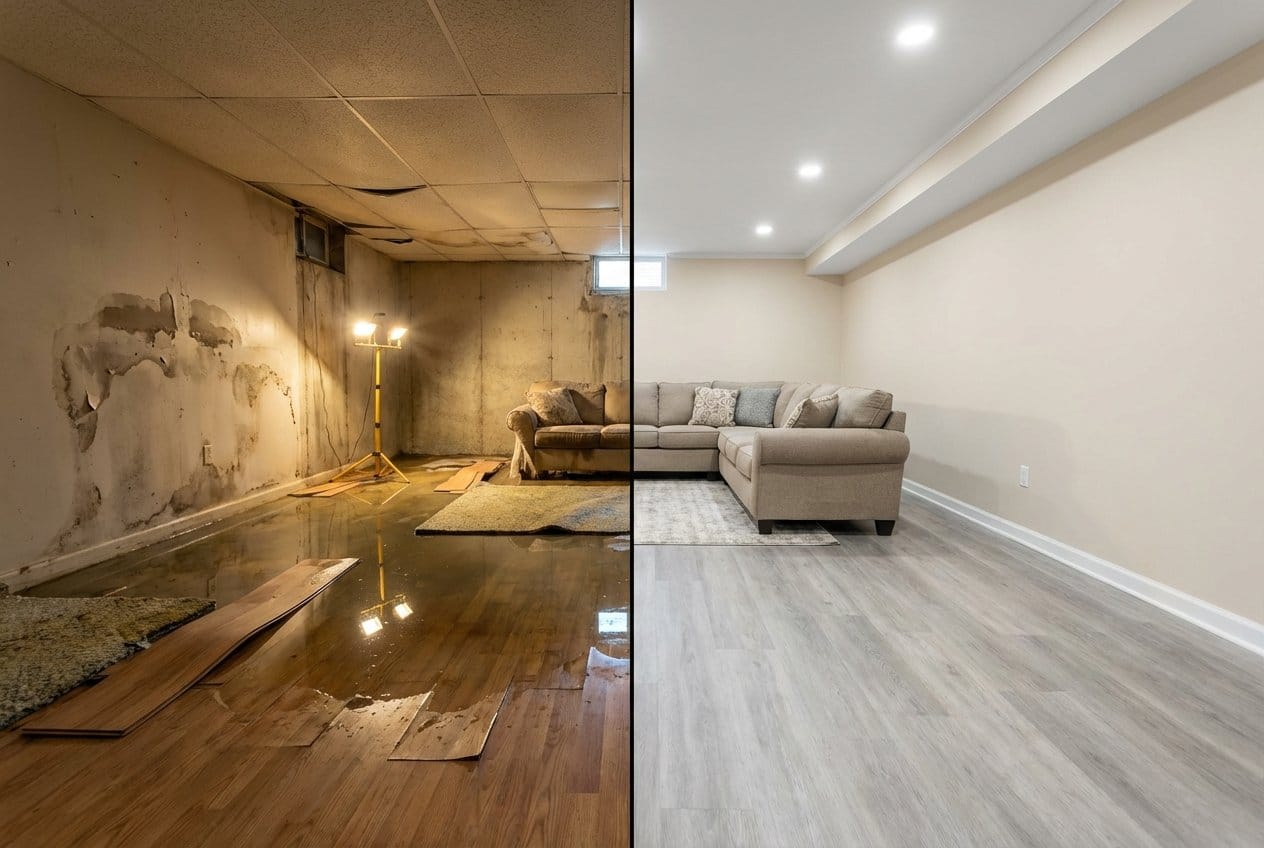 Mold Prevention After Water Damage before and after in residential basement, Fair Lawn NJ