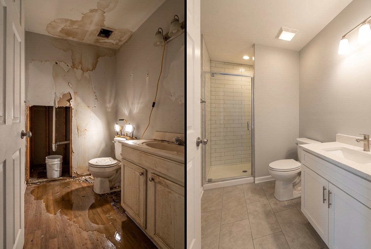 Before and after mold prevention after water damage in Fair Lawn Victorian home bathroom